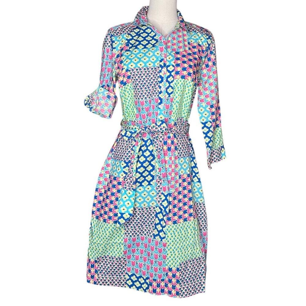 Talbots Island Patchwork Floral Print Belted Shirt Dress Sz 4 Convertible Sleeve